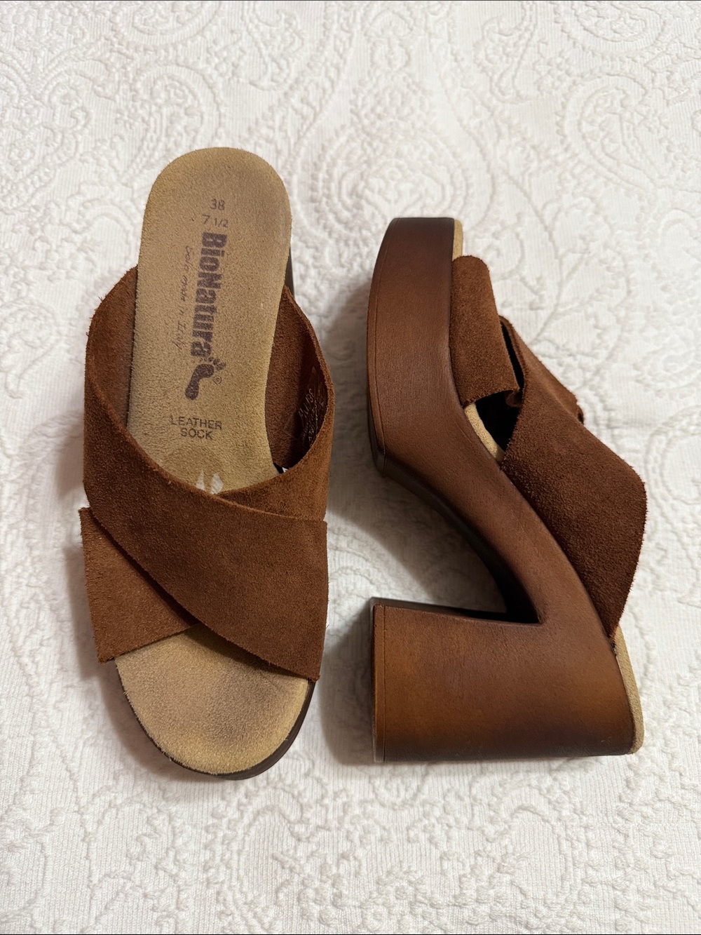 Bionatura Brown Suede Leather Wedge Sandals Size 7.5 US/EU 38